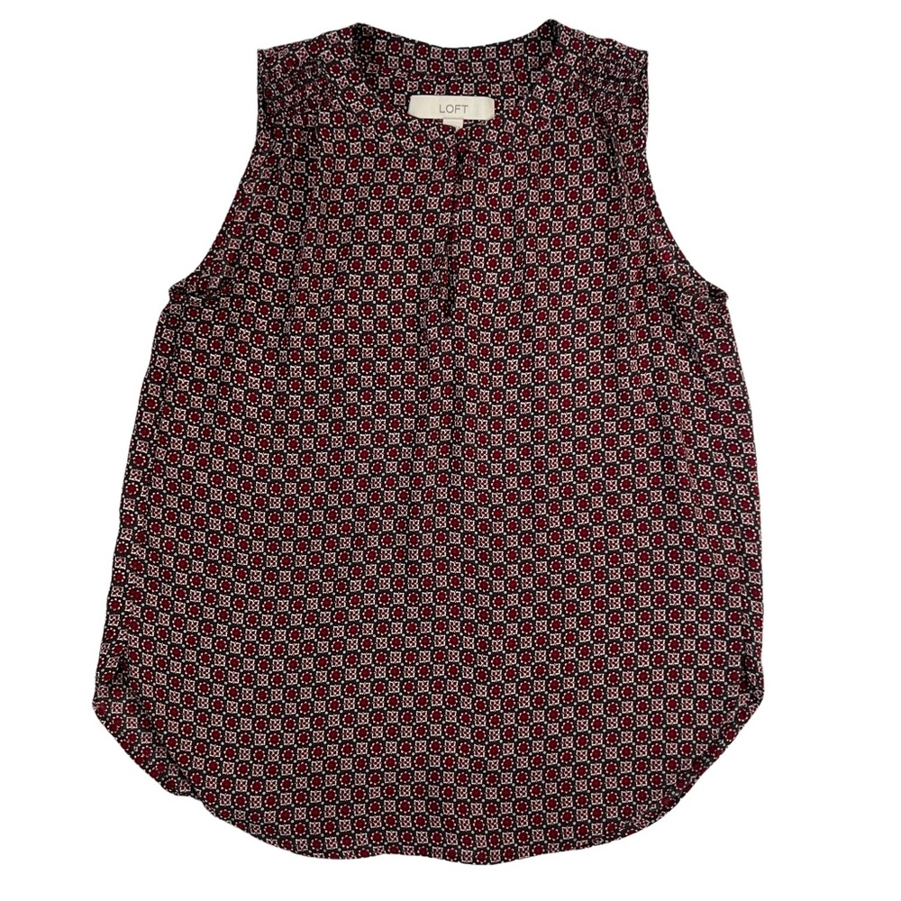 Loft Geo Floral Print Red Grey White Mandarin Notchneck Poly Sleeveless Blouse